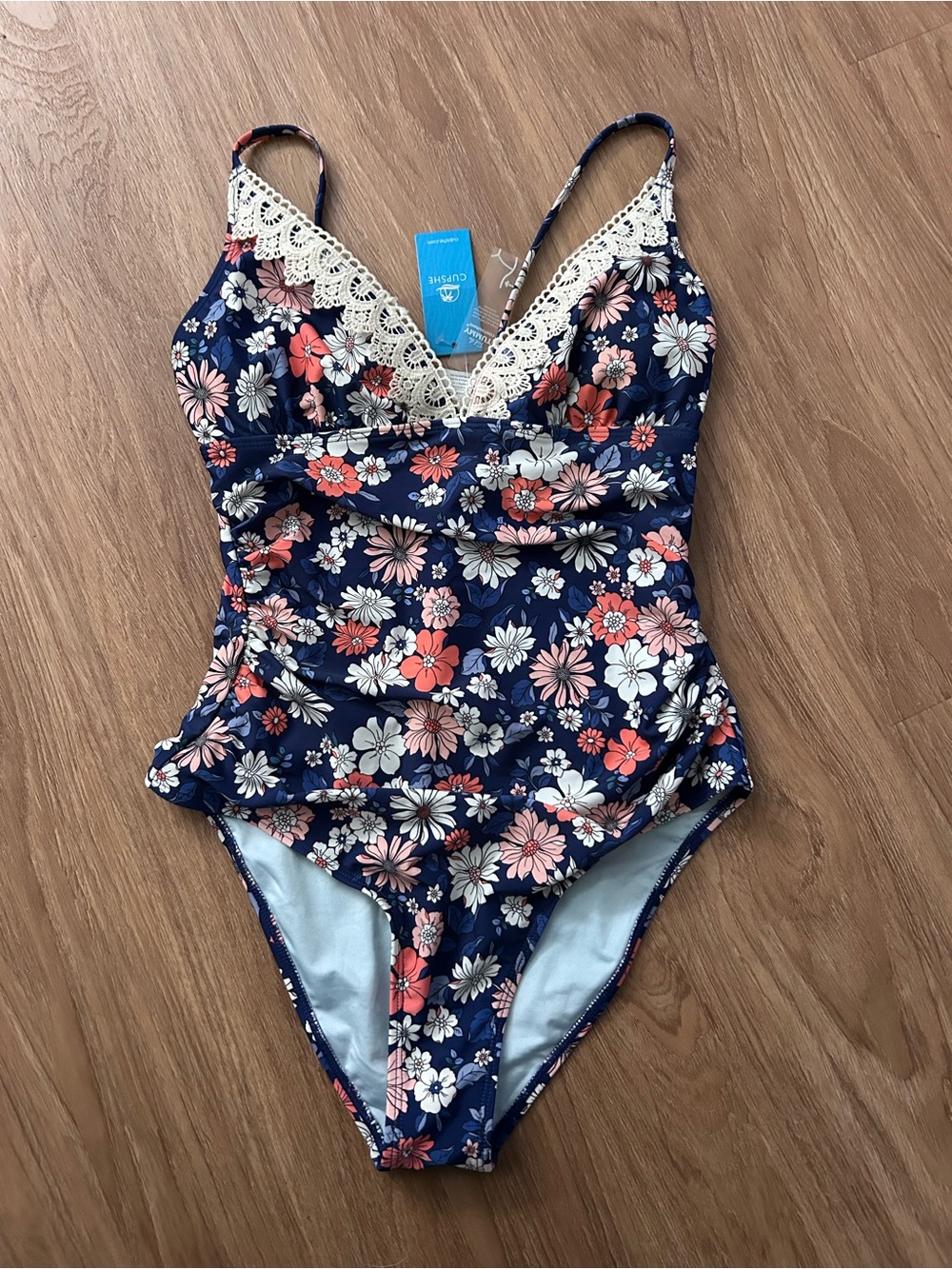 Cupshe Navy Floral One-Piece Swimsuit with Cream Lace Trim